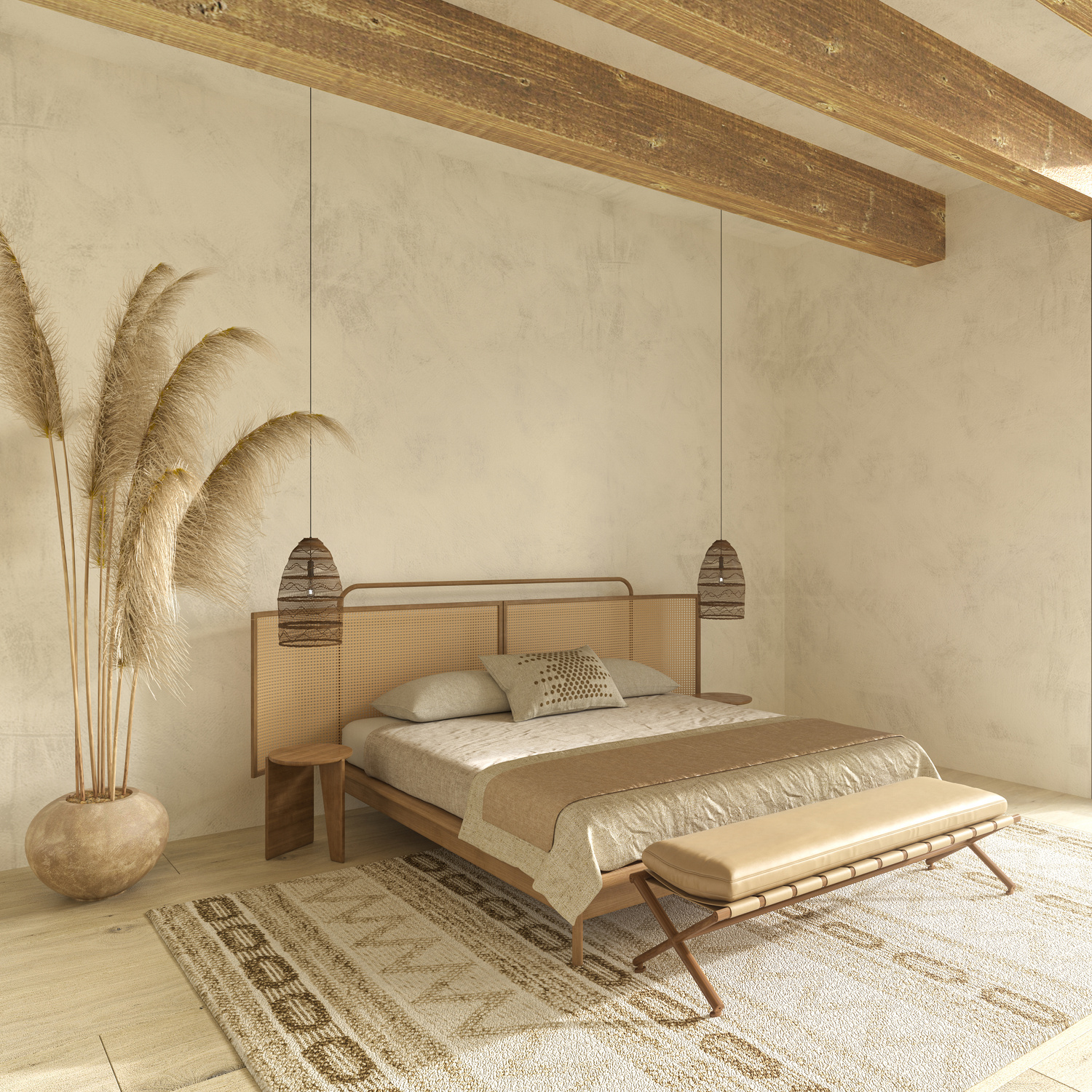 Japandi Style in Farmhouse Interior Bedroom. Beige Apartment with Natural Wooden Furniture and Dry Plants. Wall Mock up. 3D Render Illustration.